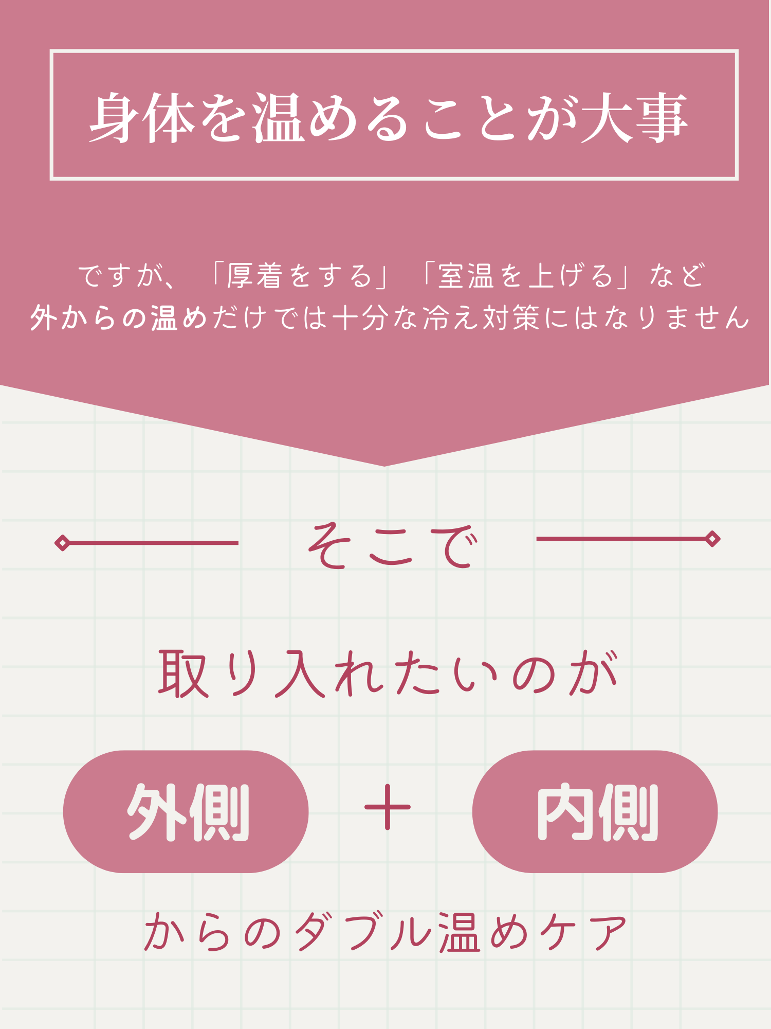 身体を温めることが大事です。そこで取り入れたいのが外側と内側のダブル温めケアです。