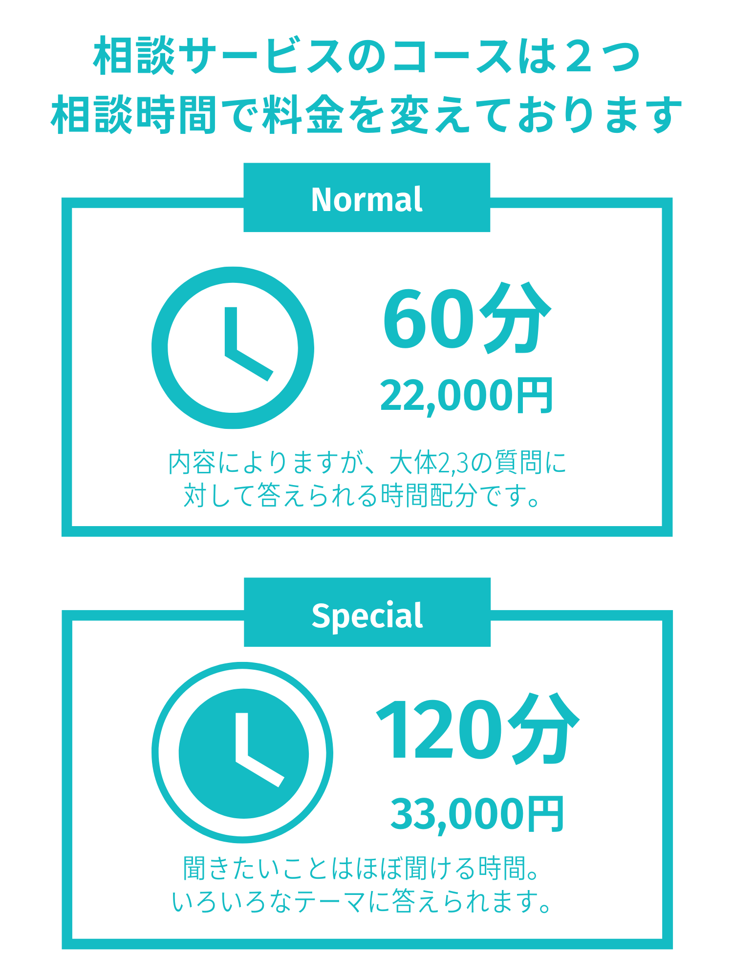 相談サービスのコースは2つ。相談時間で料金を変えています。Normal60分で22000円。内容によりますが、大体2,3の質問に対して答えられる時間配分です。Special120分33000円。聞きたいことをほぼ聞ける時間。いろいろなテーマに答えられます。