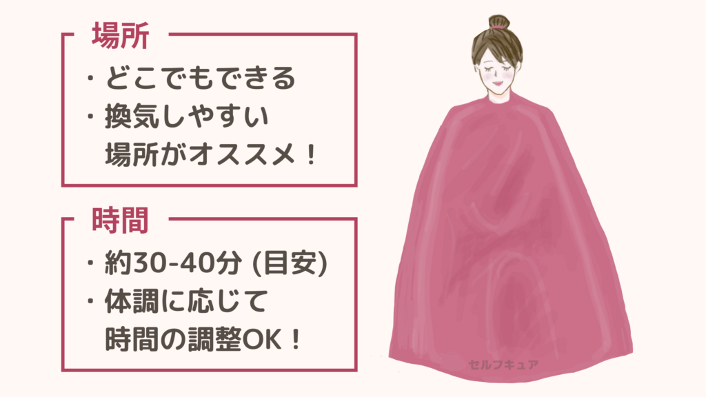 場所はどこでもできますが、換気しやすい場所がおすすめ。時間は目安として30-40分ですが、体調に応じて時間の調整OK!