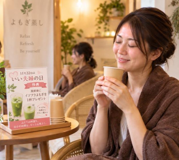 よもぎ蒸しサロンでよもぎラテを楽しむ利用者